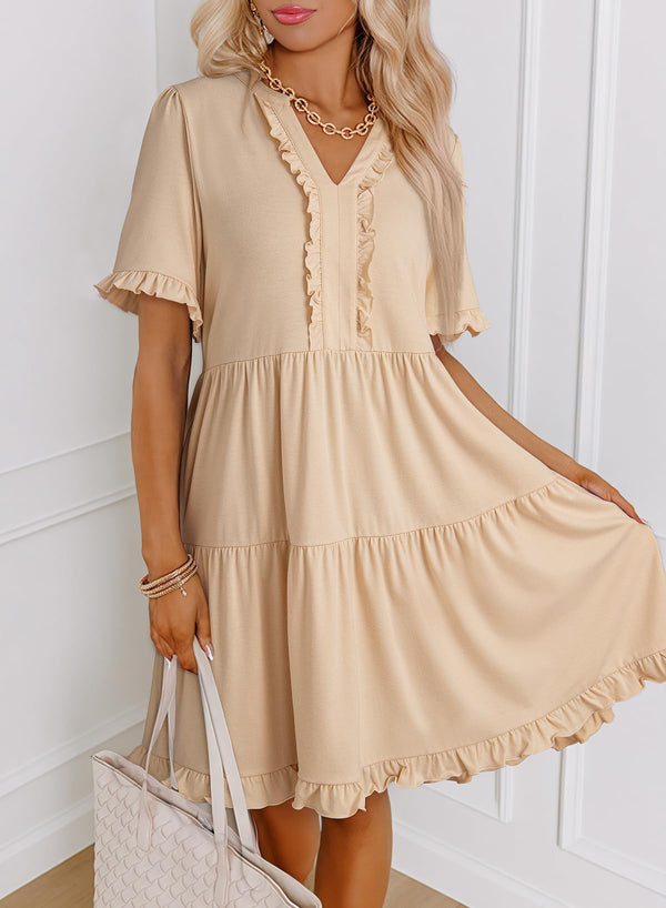 Robes d'été pour femmes Col en V Manches courtes Décontracté Coupe évasée Fluide Robe trapèze Mini-robe