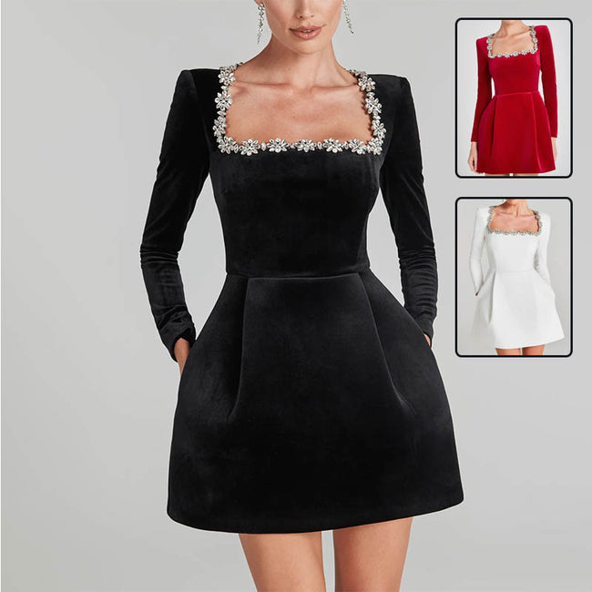 Robe de Noël élégante à col carré et manches longues avec strass et motif floral, coupe trapèze, courte, collection printemps pour femmes Hover Image