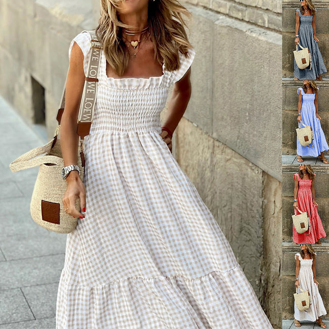 Robe plissée à volants imprimé écossais été, mode INS, sans manches, coupe trapèze, ample, pour la plage, vêtements pour femmes Hover Image