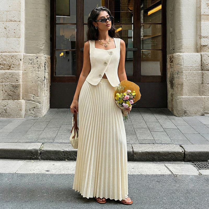 Ensemble tailleur jupe longue plissée élégante et à la mode pour femme