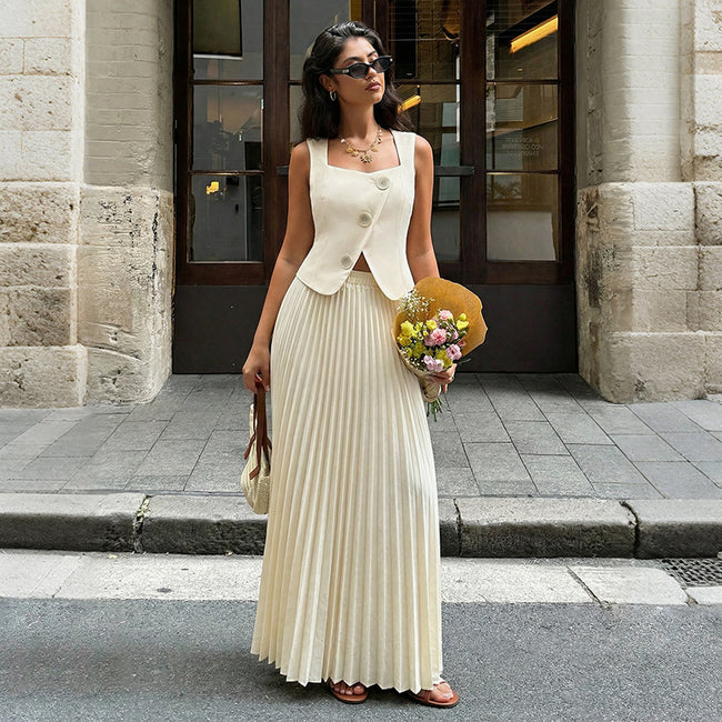 Ensemble tailleur jupe longue plissée élégante et à la mode pour femme Main Image