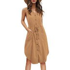 Robe Sans Manches Col V Boutonnée Avec Poches Robe D'été Décontractée À La Mode Avec Nœud À La Taille Vêtements Pour Femmes
