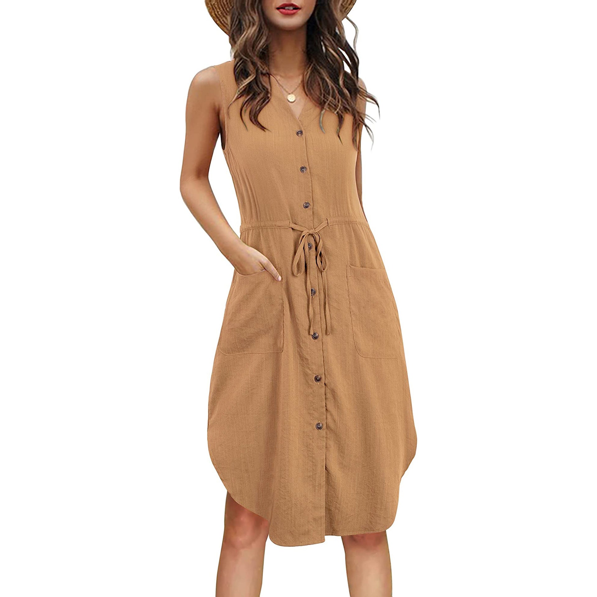 Robe Sans Manches Col V Boutonnée Avec Poches Robe D'été Décontractée À La Mode Avec Nœud À La Taille Vêtements Pour Femmes