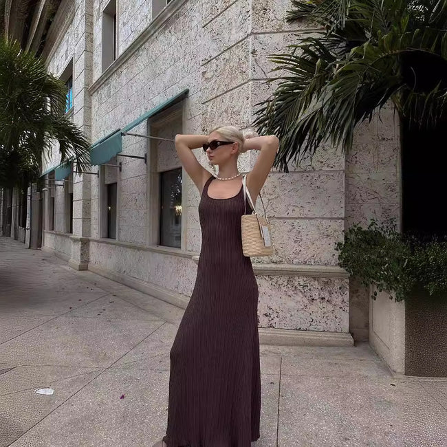 Robe longue tricotée à rayures coulées pour femme, été Main Image
