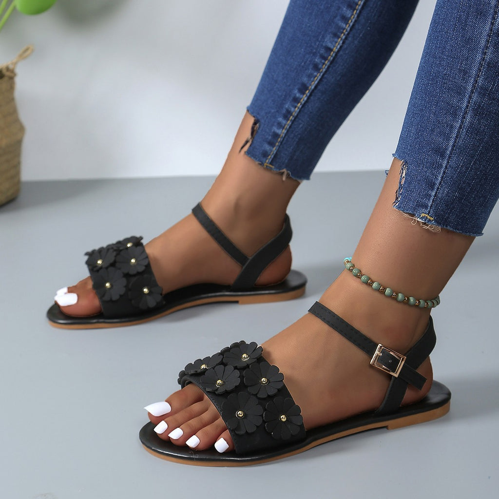 Sandales Rétro Fleurs Été Décontracté Polyvalent Bout Rond Boucle Chaussures Plates de Plage pour Femmes Nouvelles Chaussures Romaines