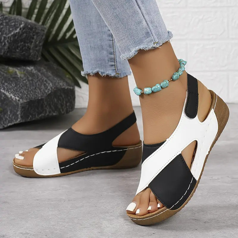 Sandales compensées colorblock à brides pour femme – Chaussures romaines d'été à plateforme et bout ouvert