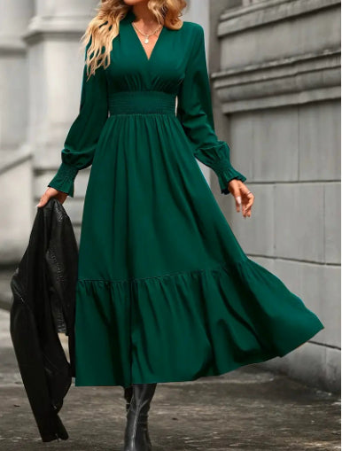 Robe femme col V manches longues lanterne