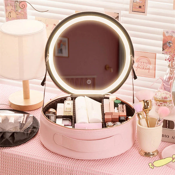 Trousse de Maquillage LED Intelligente Ronde avec Miroir Lumineux, Sac de Beauté Grande Capacité en Cuir PU pour Femmes, Organisateur de Voyage, Mallette à Cosmétiques