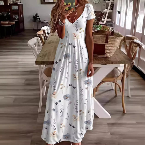 Robe longue décontractée à col en V imprimée