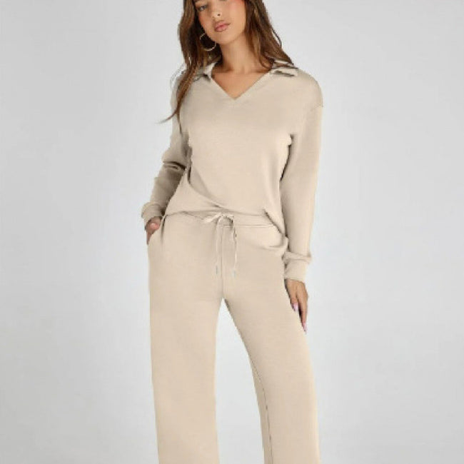 Survêtement de sport pour femme, col en V, pull à manches longues et pantalon décontracté coupe droite à cordon de serrage, ensemble uni. Main Image