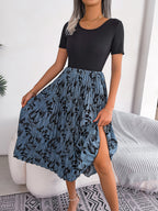 Femmes Robe midi plissée taille haute imprimé feuilles décontractée