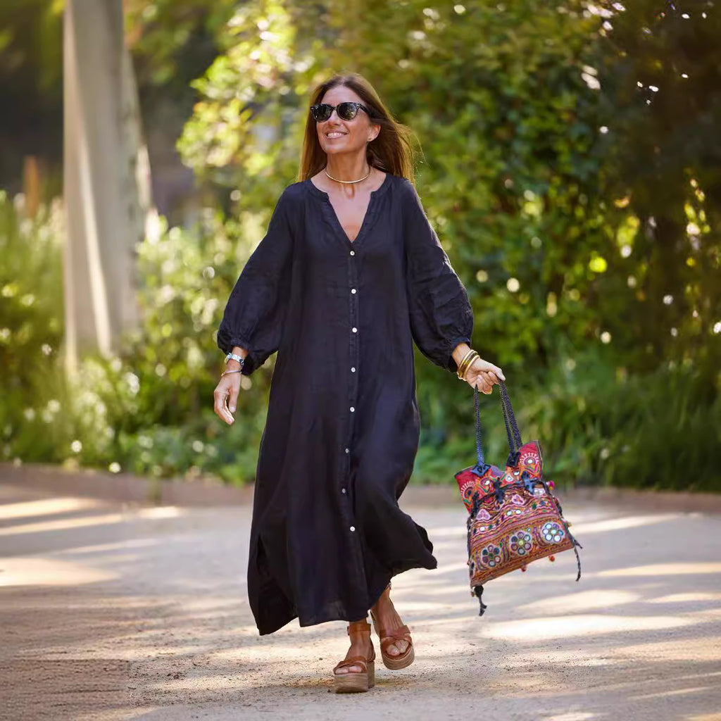 Robe Chemise Décontractée en Coton et Lin pour Femme