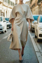 Robe Ample à Manches Chauve-souris, Taille Cintrée, Couleur Unie, Robes Élégantes pour Femme
