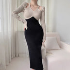 Robe longue tricotée à manches longues et dos nu, style français, pour femme
