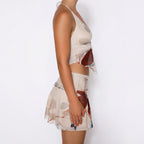 Ensemble 2 pièces imprimé, été, sexy, col en V, haut dos nu et jupe courte plissée, vêtements pour femmes