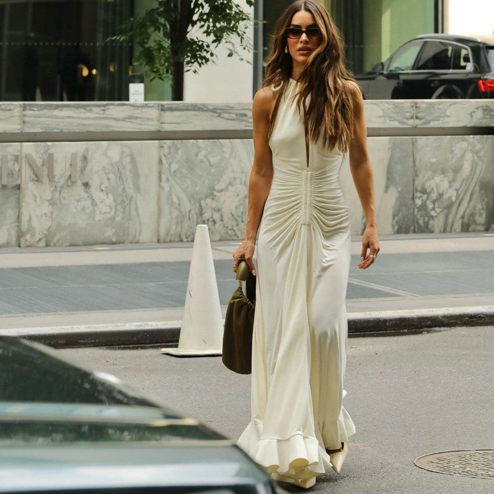 Robe trapèze plissée sans manches à col rond et lacets