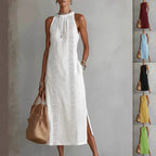 Robe d'été sans manches à col licou et patchwork de dentelle pour femme, style vacances