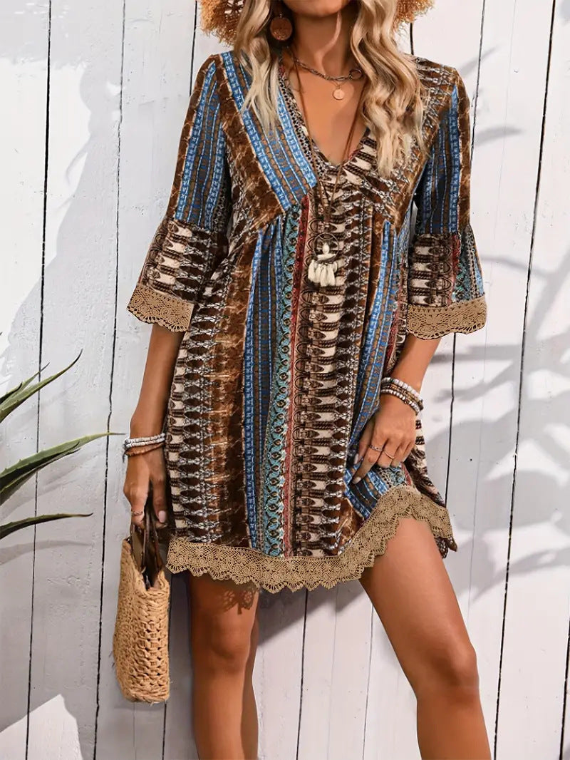 Robe bohème imprimée col en V, style décontracté pour femme