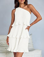 Robe décontractée pour femme, à une épaule dénudée, ourlet à volants superposés, couleur unie simple, taille haute confortable, pour l'été et la rue