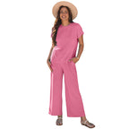 Ensemble deux pièces femme couleur unie manches courtes tricot ample décontracté