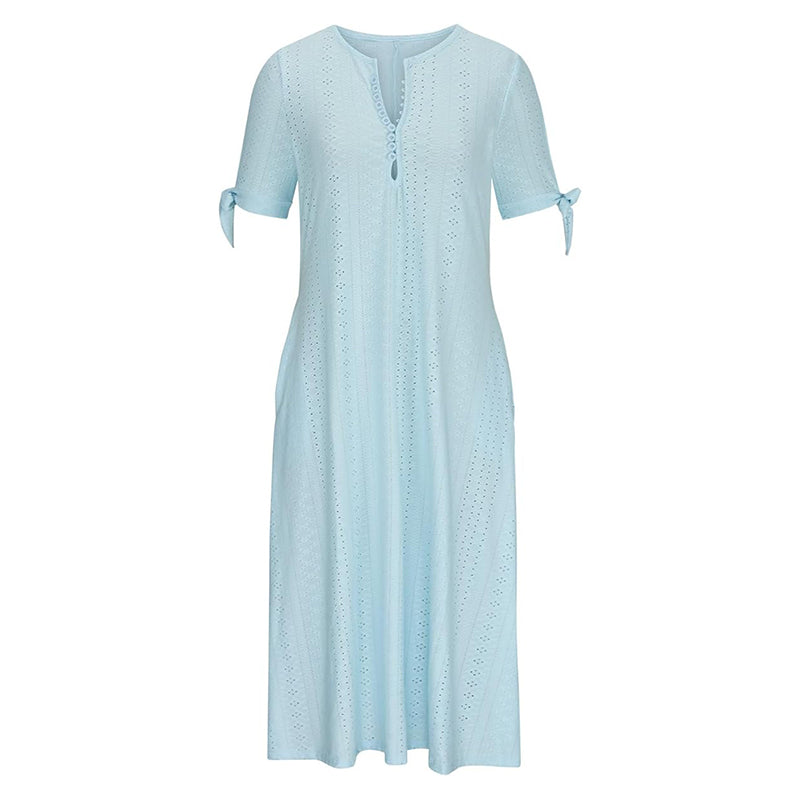 Robe longue d'été en broderie anglaise à col en V pour femme, manches courtes, coupe ample évasée pour la plage