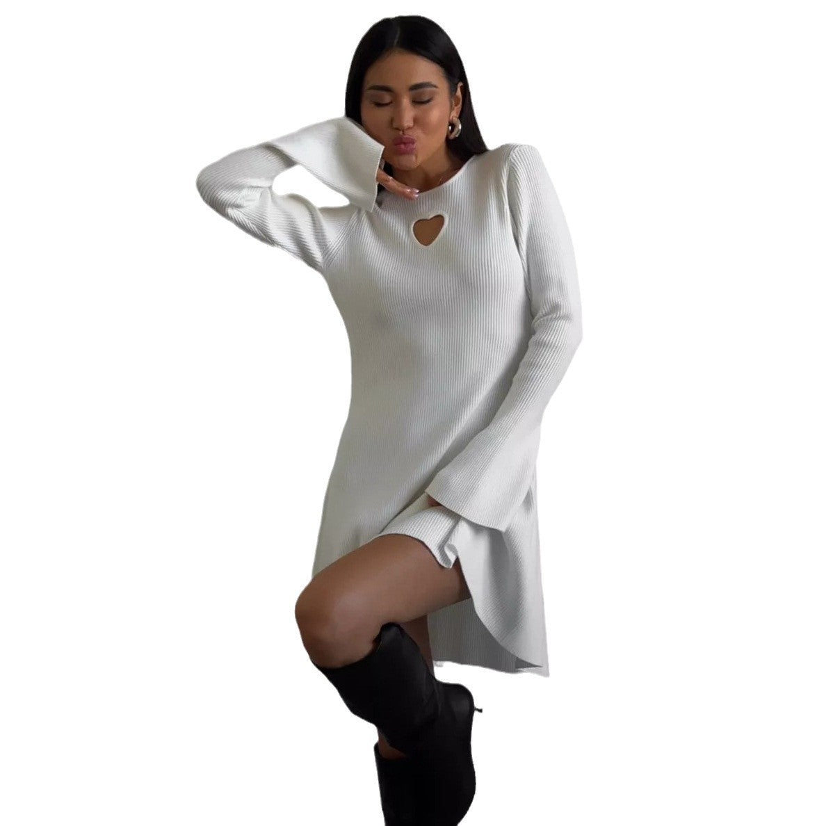 Robe Femme Col Rond Imprimé Coeur Évidé Taille Serrée