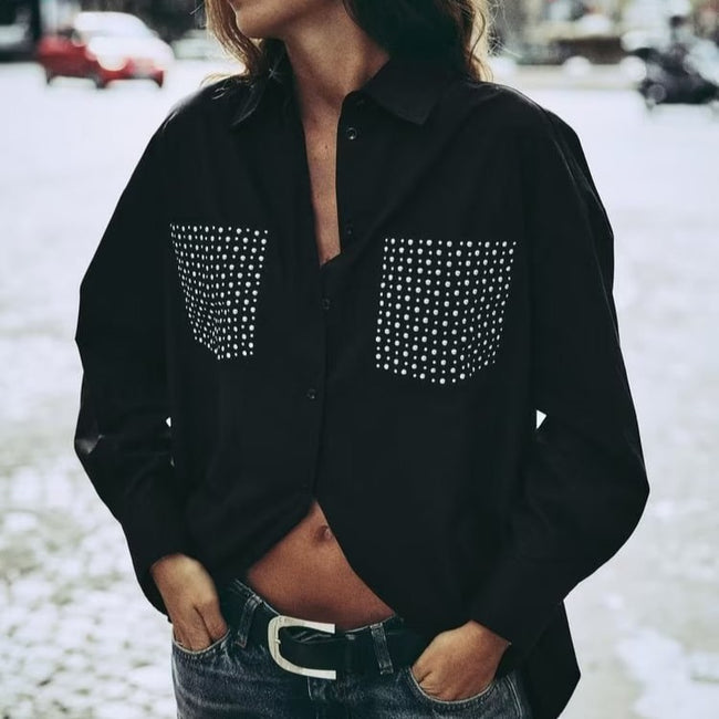 Chemise ample à manches longues ornée de rivets, style streetwear pour femme Main Image