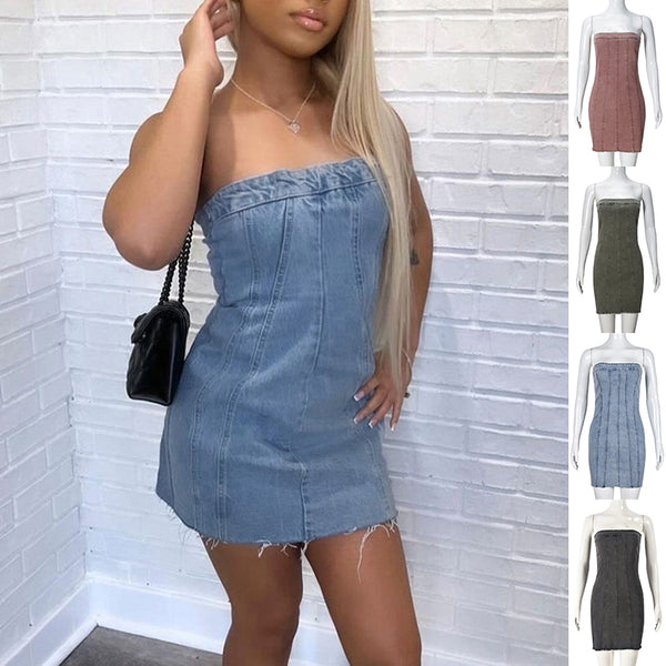 Robe Bustier Dos Nu en Jean Sexy Y2K Coupe Slim Courte pour Femme