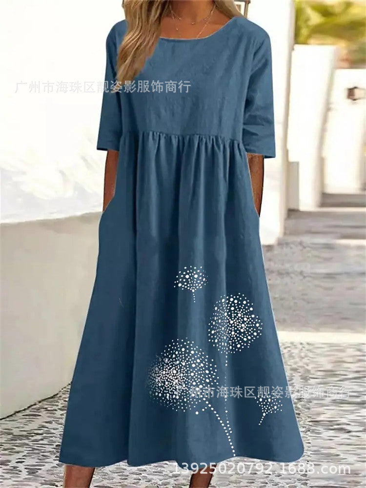 Robe décontractée ample imprimée à col rond et manches courtes grande taille