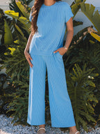 Ensemble deux pièces femme couleur unie manches courtes tricot ample décontracté