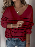 Pull tricoté à rayures col en V pour femme