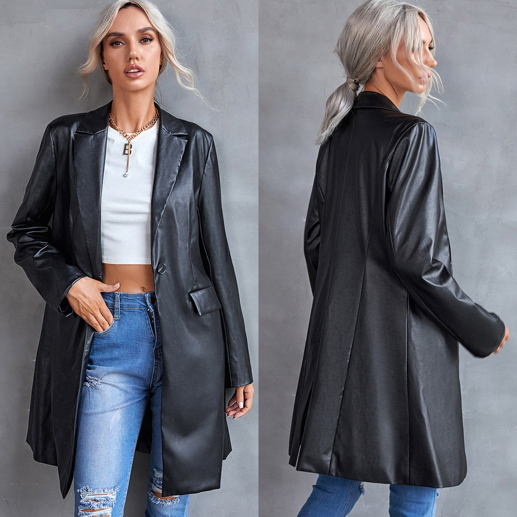 Blazer coupe-vent long en cuir slim à manches longues pour femme