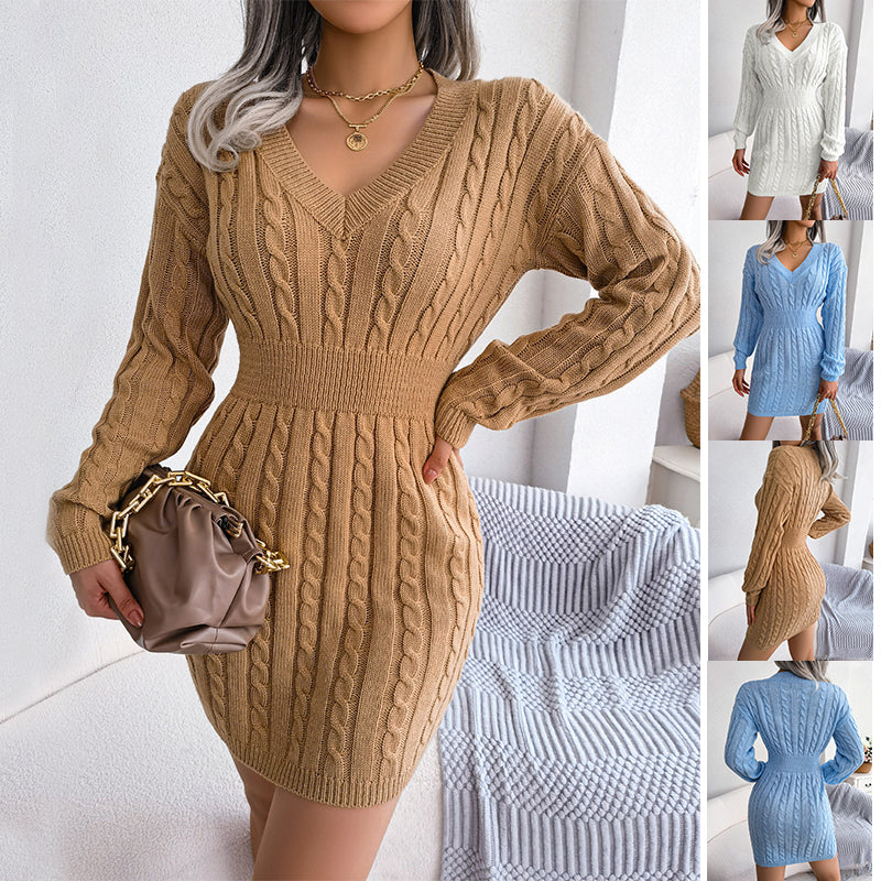 Robe en tricot à manches longues et col en V de couleur unie, style mode, cintrée, robe de hanche, vêtements pour femmes