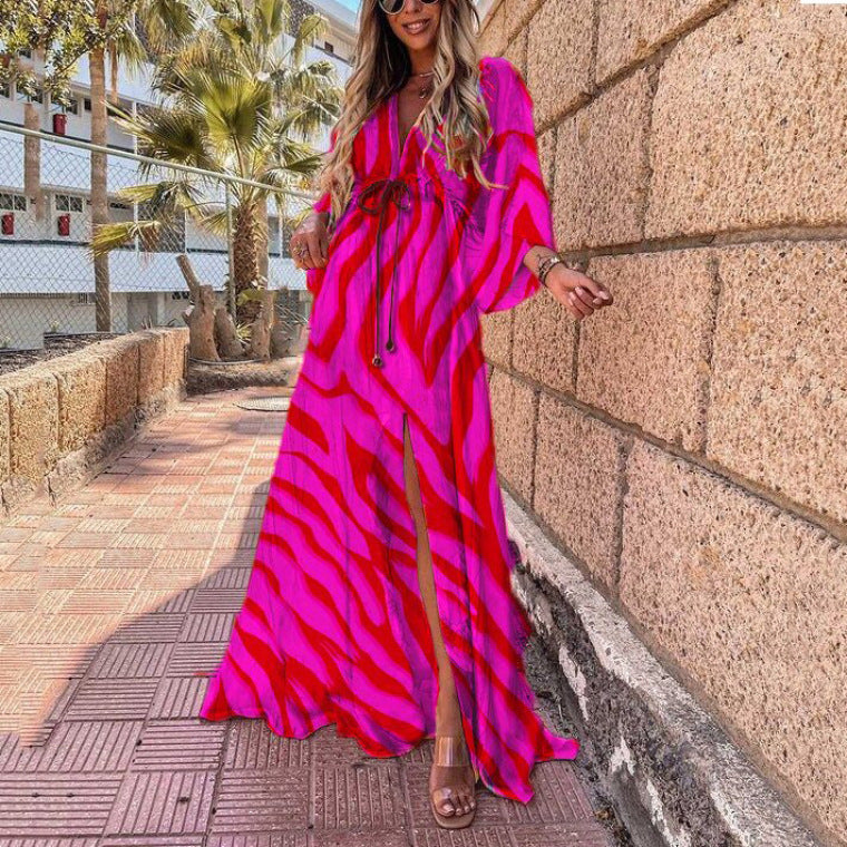 Robe longue sexy de plage asymétrique à col en V fendu