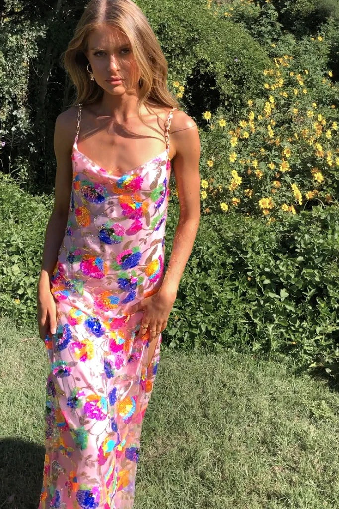 Robe fendue fleurie à sequins tendance pour femme