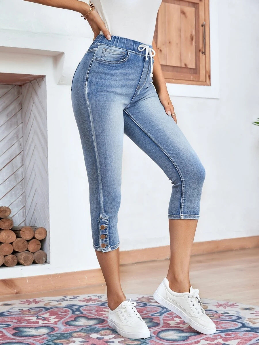 Jeans stretch femme à lacets et taille élastique