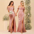 Robe de bal corset en satin épaules dénudées pour demoiselle d'honneur