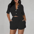 Fashionable Casual Short-Sleeve Shirt Set Single-Breasted Solid Color Pleated Two-Piece Suit
