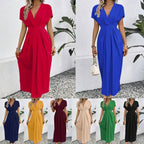 Robe longue unie à col en V profond, manches à épaules plissées et taille élastique