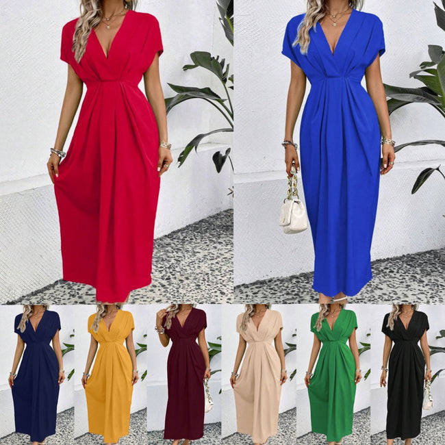 Robe longue unie à col en V profond, manches à épaules plissées et taille élastique Main Image