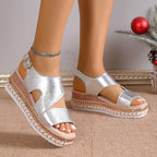 Sandales compensées européennes et américaines grande taille à bout ouvert avec bride élastique, talons hauts, sandales romaines en argent pour femmes