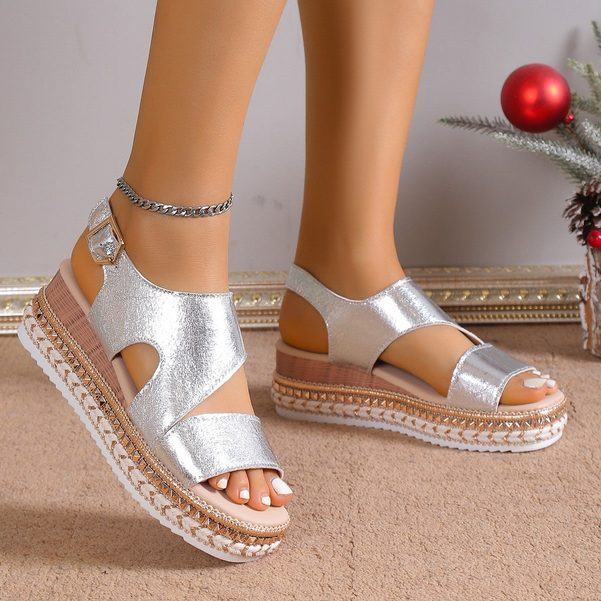 Sandales compensées européennes et américaines grande taille à bout ouvert avec bride élastique, talons hauts, sandales romaines en argent pour femmes