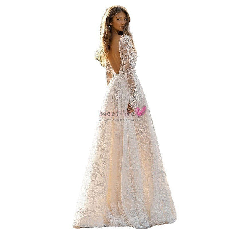 Robe de soirée longue en dentelle à manches longues pour femme