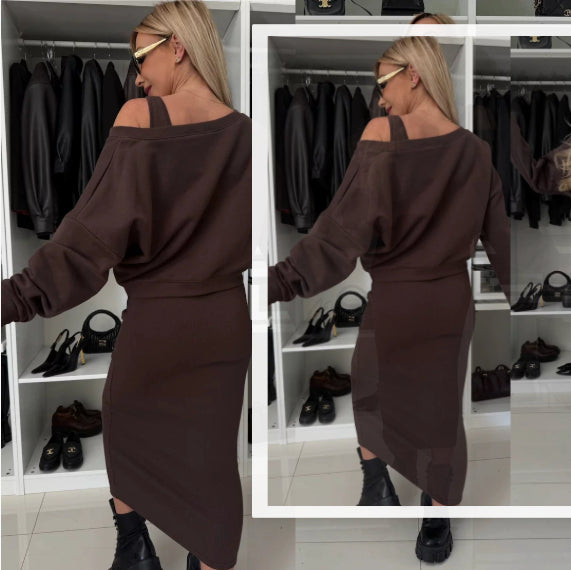 Ensemble deux pièces pour femme, costume décontracté, sweat-shirt à manches longues et col en V, et robe sans manches