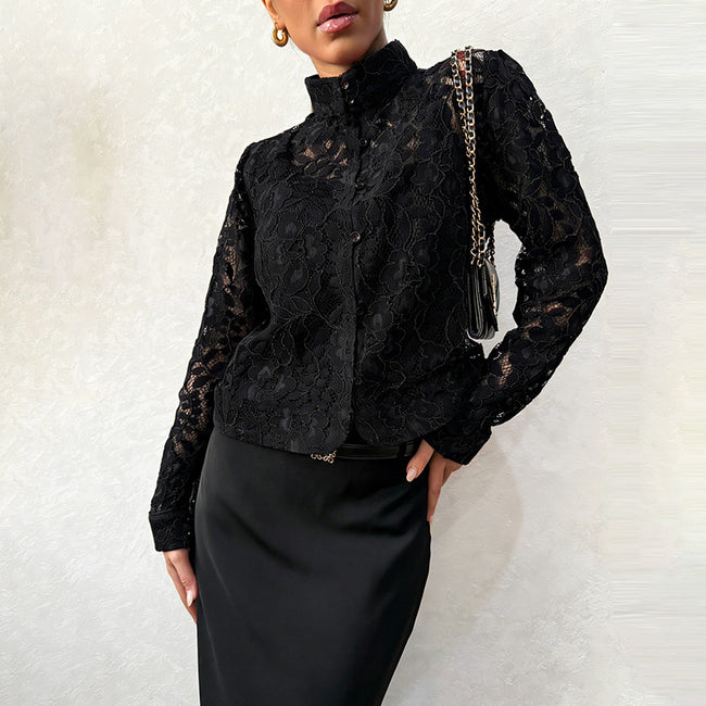 Chemisier en dentelle à la mode pour femme, style cardigan avec col montant Main Image