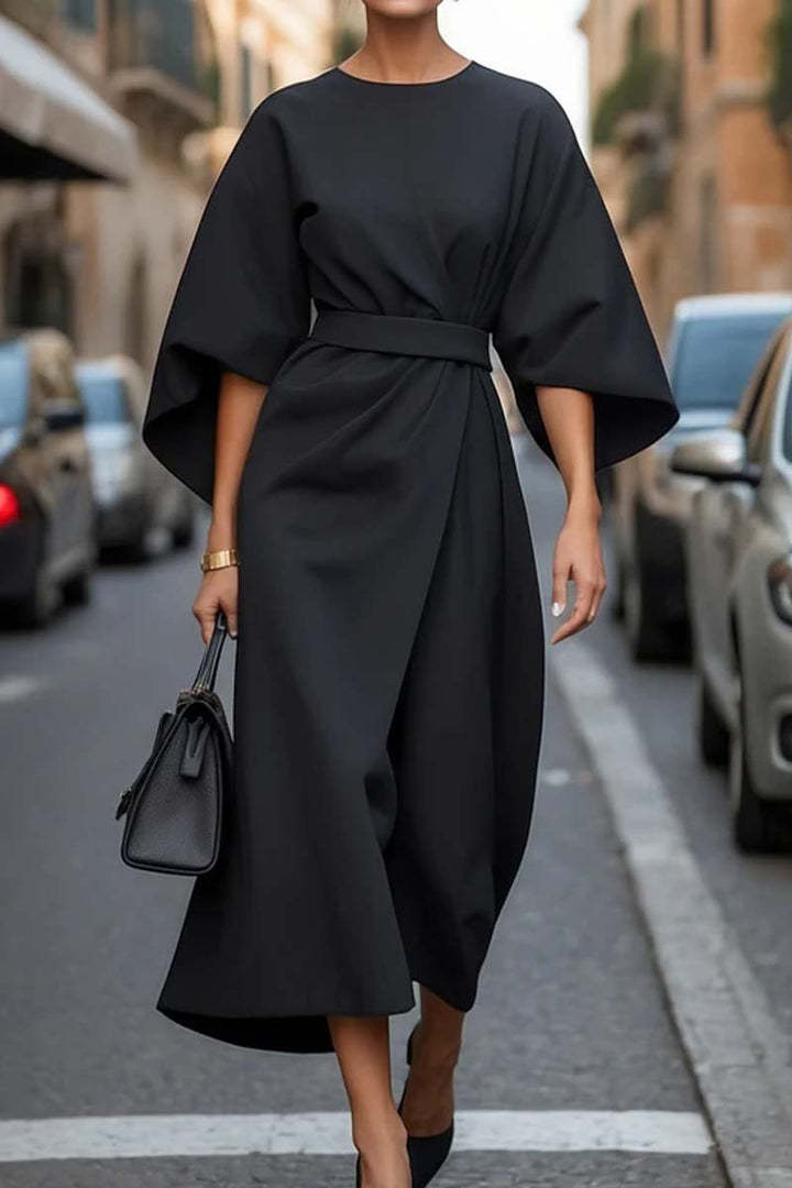 Robe Ample à Manches Chauve-souris, Taille Cintrée, Couleur Unie, Robes Élégantes pour Femme