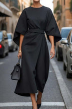 Robe Ample à Manches Chauve-souris, Taille Cintrée, Couleur Unie, Robes Élégantes pour Femme