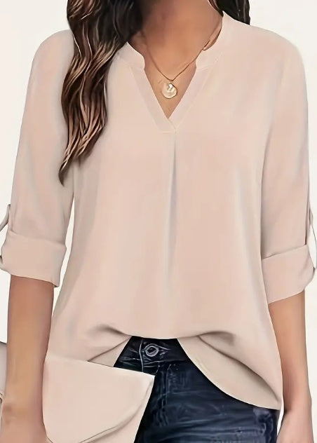 Chemisier chic uni à col en V - Simplicité tendance pour femme - Style décontracté à manches longues Hover Image