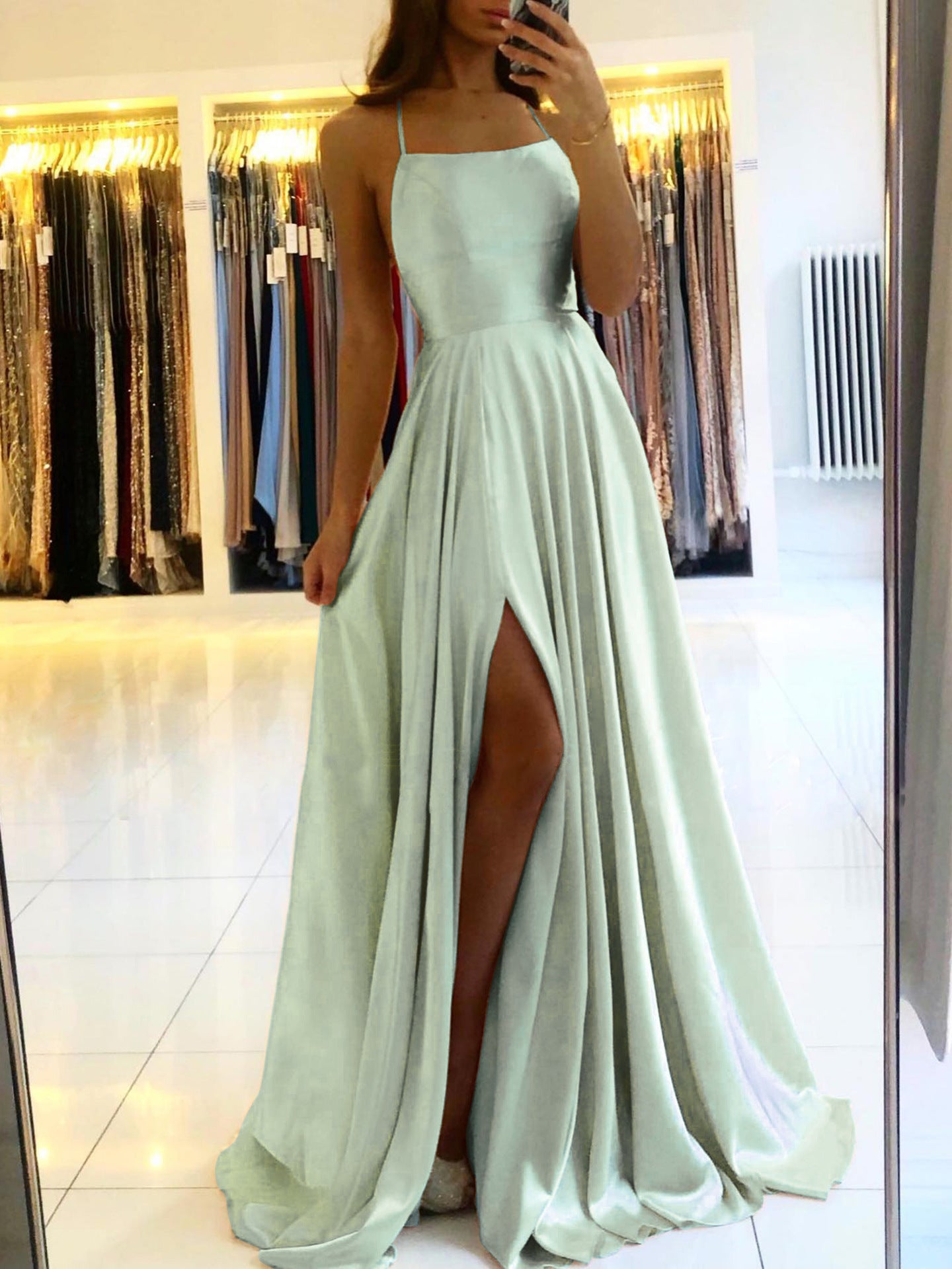 Amazon Long European And American Style Dress Slim Strap Back-to-back Dress High Slit Dance Host Dress
