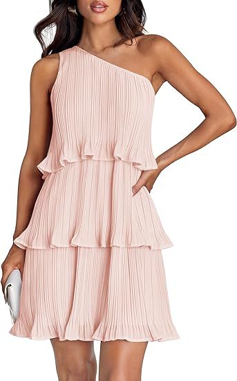 Robe décontractée pour femme, à une épaule dénudée, ourlet à volants superposés, couleur unie simple, taille haute confortable, pour l'été et la rue